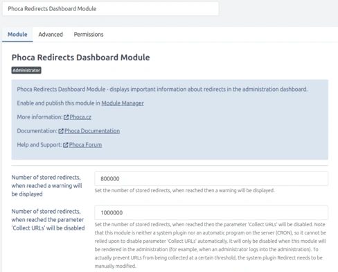 Phoca Redirects Dashboard module - parameters