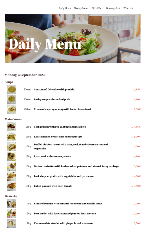 Phoca Restaurant Menu - Daily Menu