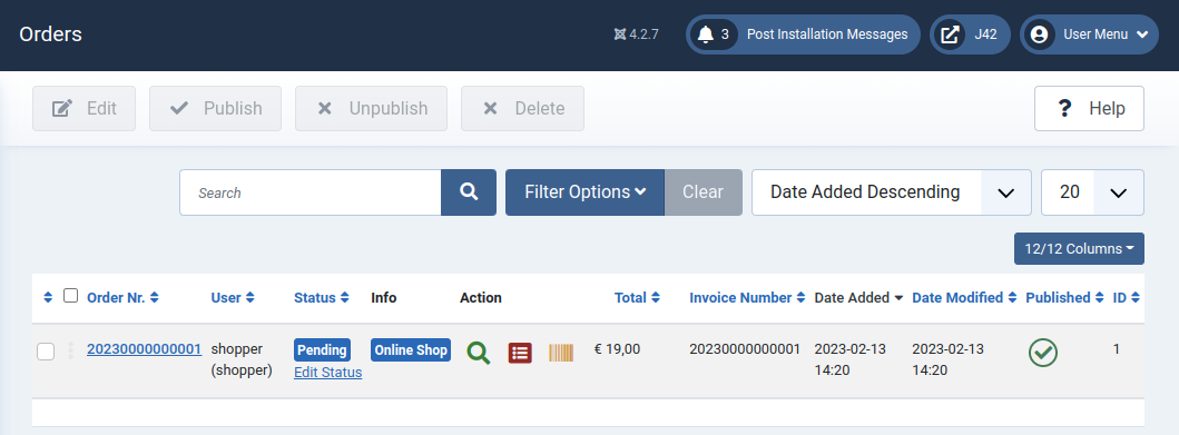 Phoca Cart - Order administration - standard view