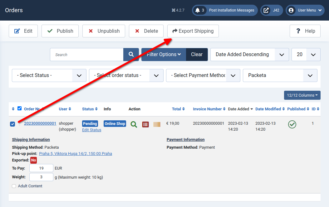 Phoca Cart - Order administration - export of information