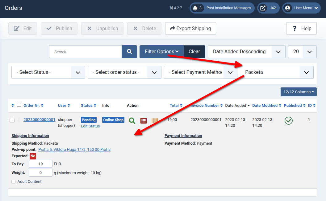 Phoca Cart - Order administration - extended view