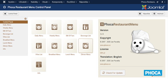 Phoca Restaurant Menu - Administration control panel